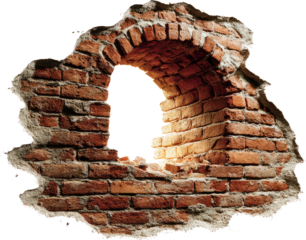 Mysterious light shining through broken arch hole in an old brick wall