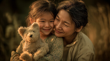 Smiling woman hugging young girl holding a teddy bear.