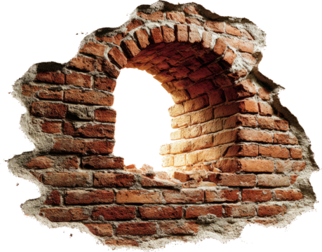 Mysterious light shining through broken arch hole in an old brick wall