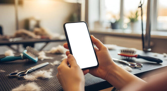 Book pet grooming appointments online easy mobile app scheduling pet care services grooming salon mobile phone blank screen