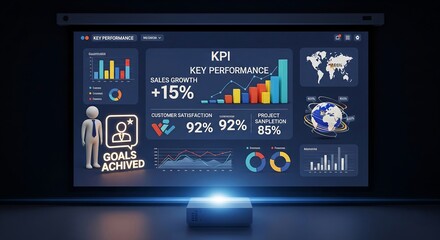 Business presentation showcasing key performance indicators with graphs charts a stick figure and goals achieved on a projector screen