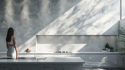 Woman Walking in Modern Minimalist Kitchen White Wall Natural Light