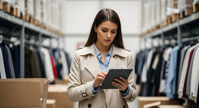 Young businesswoman using tablet in warehouse inventory management checking stock levels of clothing apparel
