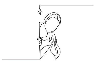 Continuous line drawing of a Surprised young woman peeking behind a blank banner.Single line Girl Posing Hiding Behind Empty White Board.Female Holding Paper Poster Advertising concept. 