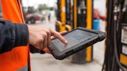 Worker in a safety vest using a rugged tablet to manage operations at an industrial site with machinery in the background.