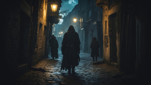 Mysterious cloaked figures walk through a dimly lit alley at night, creating an eerie atmosphere. - Powered by Adobe