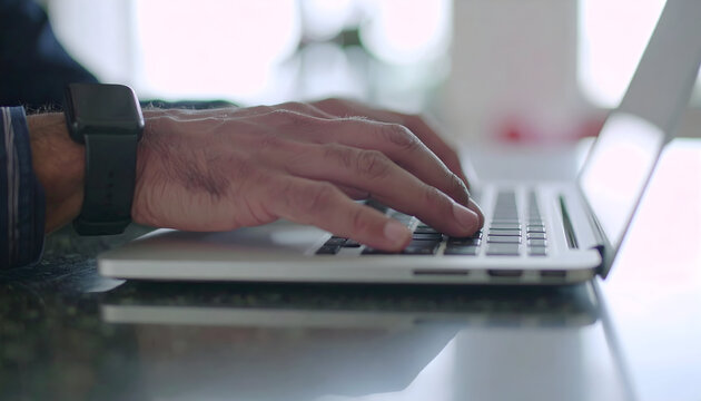 Man typing on laptop with smart watch, working from home or office, technology empowering efficiency - Powered by Adobe