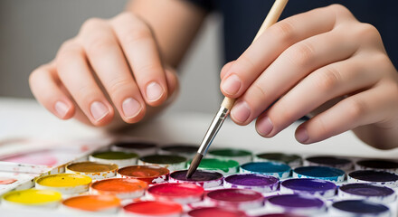 Closeup of hands painting with watercolor paints art supplies creativity hobby artist painting workshop colorful vibrant creative process artistic expression colorful art supplies paintbrush