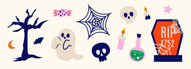 Halloween element set: tree, ghost, bat, candy, candle, moon, star. Perfect for scrapbooking, greeting card, party invitation, poster, tag, stickers. Hand drawn vector illustration.