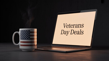 Veterans day deals promotion concept featuring a laptop displaying the text veterans day deals next to a mug with the american flag on a dark background