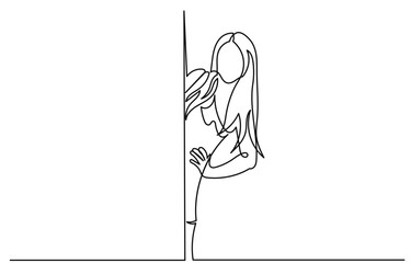 Continuous line drawing of a Surprised young woman peeking behind a blank banner.Single line Girl Posing Hiding Behind Empty White Board.Female Holding Paper Poster Advertising concept. 