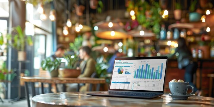 Close Up Laptop Screen Business Intelligence Software Bright Sophisticated Cafe