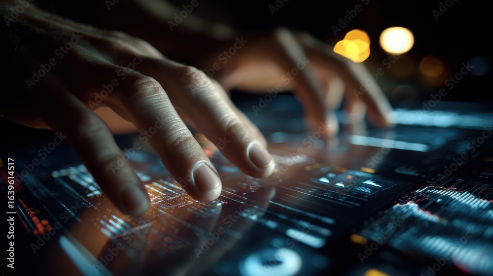 Wall mural a close-up shot captures hands interacting with a digital interface, possibly a mixing console or a 