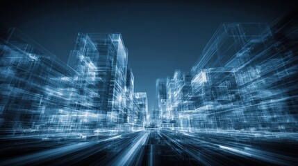 Abstract Digital Cityscape: Futuristic Architectural Visualization with Blue Wireframe Buildings and Network Connections for Technological Innovation