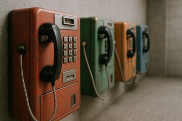 Row of Public Payphones in Various Colors Mounted on a Wall, Providing a Vintage Communication Method