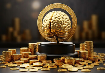 Concept of think and gold rich . thought process, health, decoration, cerebellum, money, thinkingม method, golden, neurology, head, human, control, achieve, attain, comprehend, medical, graphic .