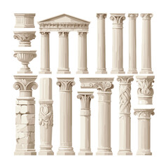 Obraz premium Diverse Collection of Ancient Greek and Roman Architectural Columns: Vector Illustration for Historical, Architectural Design, and Educational Purposes, Featuring Varying Styles and Conditions