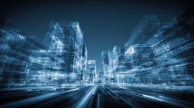 Abstract Digital Cityscape: Futuristic Architectural Visualization with Blue Wireframe Buildings and Network Connections for Technological Innovation