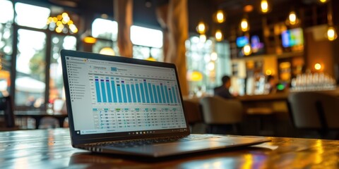 Close Up Laptop Screen Business Intelligence Software Bright Sophisticated Cafe