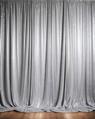 Shimmering silver glitter curtain backdrop with wooden floor, ideal for elegant events, celebrations, or performances.