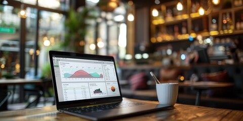 Close Up Laptop Screen Business Intelligence Software Bright Sophisticated Cafe