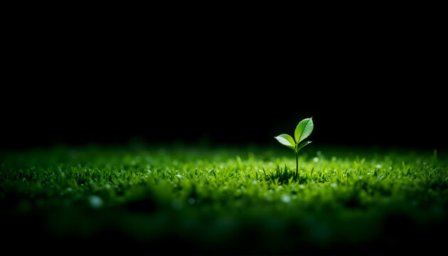 Lone green sprout standing tall in fresh grass against dark background symbolizing personal growth, hope, the beginning of life, environmental care and the purity of untouched nature in minimal style
