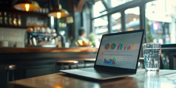 Close Up Laptop Screen Business Intelligence Software Bright Sophisticated Cafe