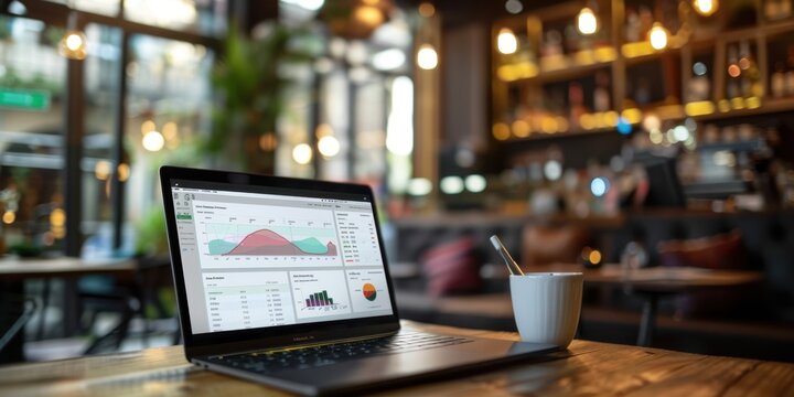 Close Up Laptop Screen Business Intelligence Software Bright Sophisticated Cafe