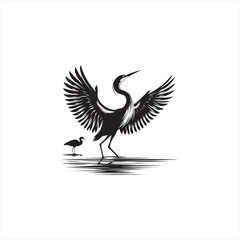 Graceful Egret Silhouette Vector Art – Elegant Wading Bird with Long Neck and Legs, Minimal Black Outline Perfect for Wetland Wildlife Themes, Nature Logos, and Decorative Prints

