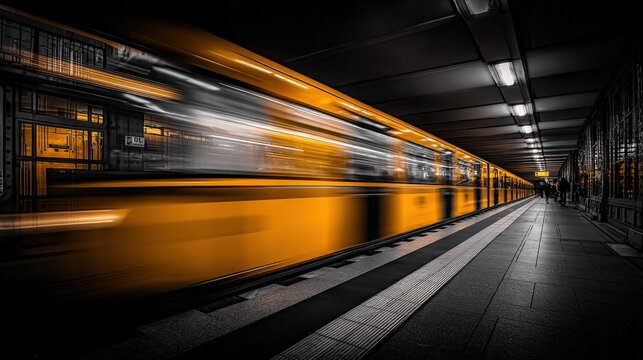 Blurred Motion of a Bright Yellow Subway Train Arriving at a Dark Underground Station Platform