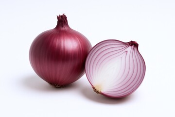 Fresh Red Onion Still Life: Whole and Halved Vegetable on White Background for Culinary Use