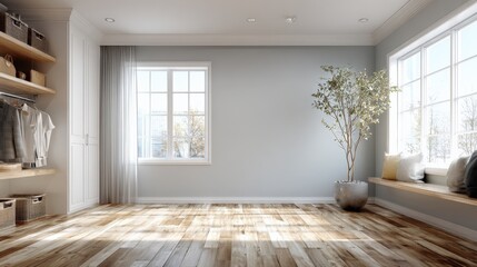 Obraz premium Bright Empty Room with Windows, Wood Floors, Open Closet, and Potted Plant for Interior Design