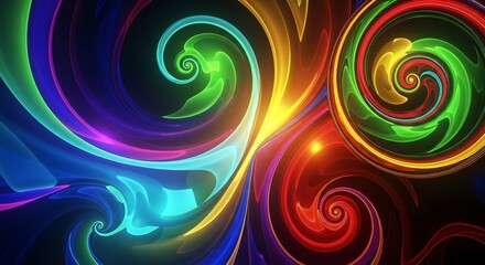 Vibrant swirling fractal art in a spectrum of glowing neon colors creates dynamic abstract background