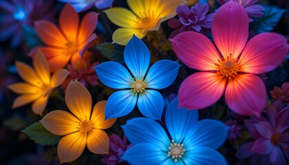 Fototapeta premium Affichage de fleurs synthétiques colorées avec des fleurs UV lumineuses