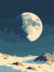 Fototapeta premium Moon – Shackleton rim at lunar south pole lit by grazing sunlight, palette: alabaster, shadow indigo, regolith tan, steel