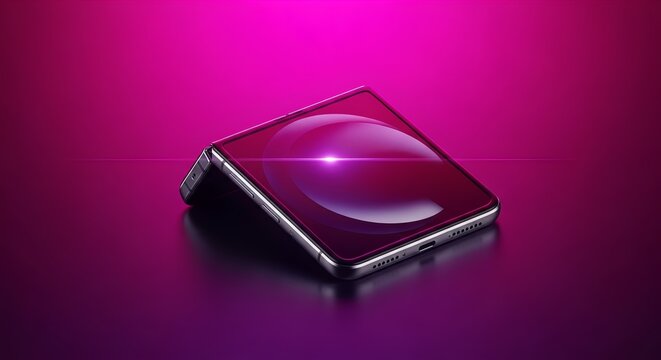 Sleek foldable smartphone showcases vibrant screen and modern design on purple background