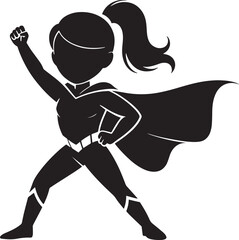 Detailed Silhouette of a Superhero Girl with Cape, Ponytail, Belt, and Leg Accents on Clear