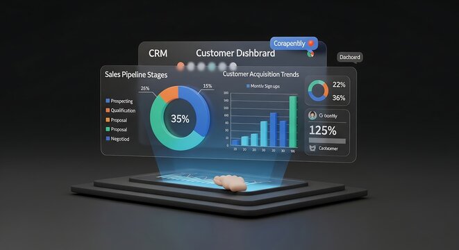 Futuristic crm customer dashboard infographic presenting sales pipeline stages and customer acquisition trends for business analytics - Powered by Adobe
