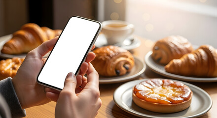 Person using smartphone in bakery cafe delicious pastries croissants coffee breakfast mobile app screen mockup