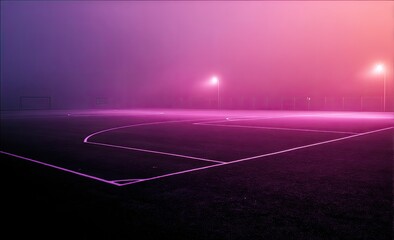 Empty soccer field at night, shrouded in fog, illuminated by purple-pink light