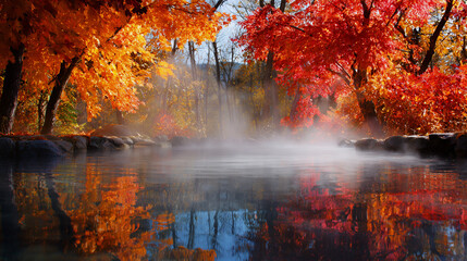 Steaming hot spring surrounded by vivid red and orange autumn leaves, calm water reflecting colorful trees.