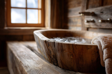 Warm wooden tub filled with steaming hot water, rustic cabin interior, cozy and inviting atmosphere.