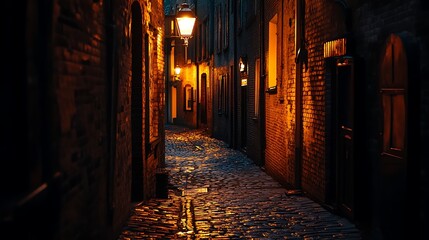Fototapeta premium Walking Down Historic Alleyway at Night with Glowing Street Lights