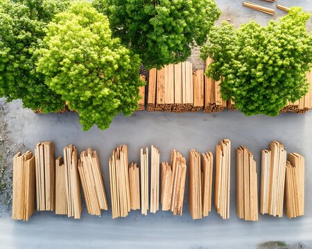 Overhead view of stacked lumber and green trees in an area