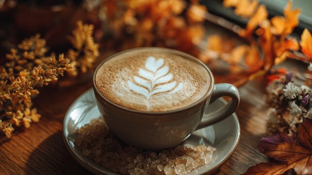 Vanilla latte with leaf art and brown sugar. Autumn branches in background