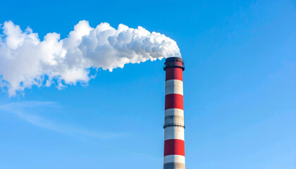 Factory Smokestack with Vapor Emissions and Trees
