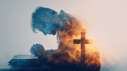 Praying Man Silhouette with Cross and Sky, Faith, Hope and Spirituality Concept