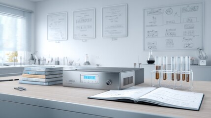 Fototapeta premium Laboratory Workspace Displaying Research Equipment, Test Tubes, Scientific Formulas and Publications in a Clean, Modern Setting