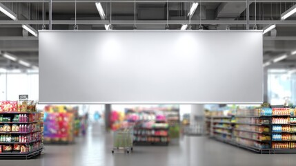Blank Banner Mockup Hanging in Supermarket Aisle, Ready for Advertising Campaign, Retail Store Interior, Copy Space