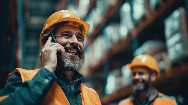 Happy Warehouse Worker Talking on Phone Inside Storage Facility with Shelves and Merchandise